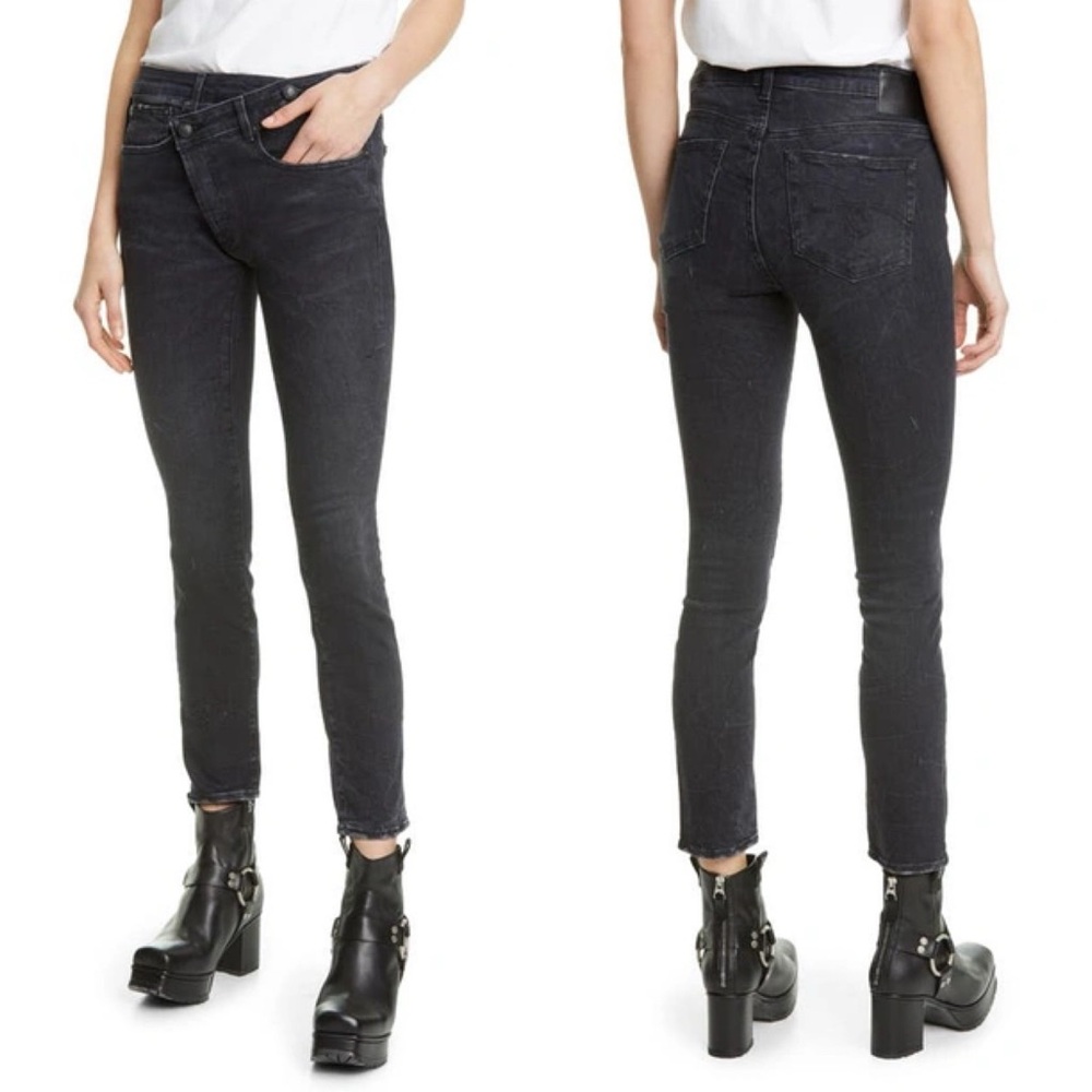 R13 Cross Over Skinny Jeans Black Marble Denim Size 28 Italy Stretch High Rise